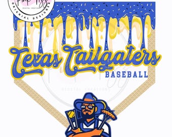 May include: A digital design featuring a baseball theme. The design includes the text "Texas Tailgaters Baseball" in blue and yellow, with a cartoon figure holding grilling tools. The background has a blue and yellow ice cream cone design.