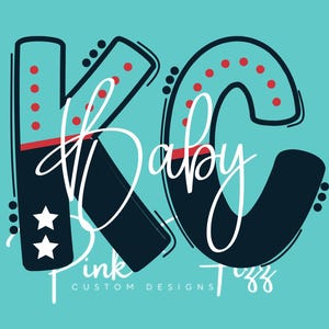 May include: A graphic design with the letters "KC" in bold black outlined in white with red polka dots. The word "Baby" is written in white cursive script between the letters. The text "Pink Taz" and "Custom Designs" are written in white below the letters.