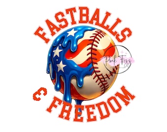 May include: A baseball with red stitching, and a design of the American flag in blue and white dripping over the ball. The words "FASTBALLS & FREEDOM" are in orange block letters around the ball. The image has a white background.