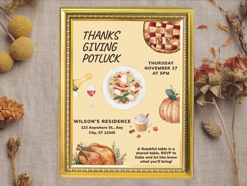 Potluck Frame Editable Thanksgiving Potluck Invitation Canva Template (digital) - Etsy
