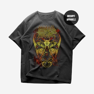 May include: Charcoal grey t-shirt with a symmetrical graphic in yellow, orange, and red. The design features a skull and other abstract elements. The text "MOSHPIT APPARELS" is in a black circle.