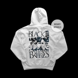 May include: A light gray hoodie featuring a black and white graphic of faces and the text "BLACK VEIL BRIDES". The hoodie has a hood and a front pocket. The brand name "MOSHPIT APPARELS" is also visible.
