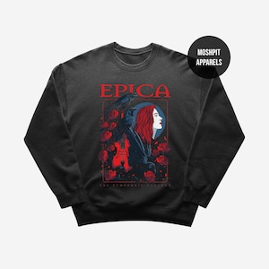 May include: Dark gray sweatshirt featuring a graphic design with the word "EPICA" in red. The design includes a woman with red hair, a raven, a red guitar, and red roses. The text "THE SYMPHONIC SERENADE" is at the bottom.