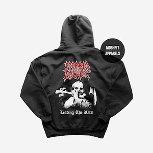 May include: Black hooded sweatshirt with a graphic design featuring a skull and the text "Leading The Rats". The design is in white and red. The brand name "Moshpit Apparels" is also visible.