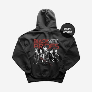 May include: Dark gray hoodie featuring a graphic of the band Black Veil Brides. The band's name is printed in red, with a stylized image of the band members below. The hoodie has a hood and a round label that says "Moshpit Apparels".