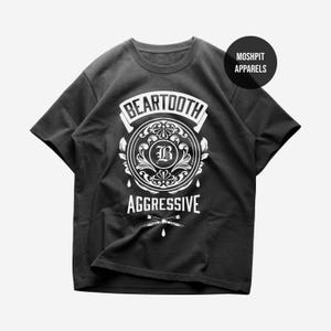 May include: Dark grey crew neck t-shirt with a white graphic. The design includes the word "BEARTOOTH" above a circular emblem with the letter "B" and the word "AGGRESSIVE" below. A round black sticker with "MOSHPIT APPARELS" is on the upper right.