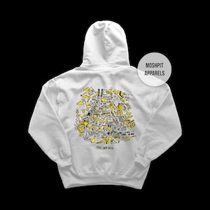 May include: A light gray hoodie with a hood and a large graphic on the back. The graphic is a yellow and black doodle design with the text "THIS OLD DOG" at the bottom. The text "MOSHPIT APPARELS" is on the right side.