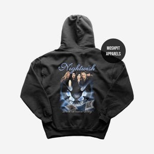 May include: Dark gray hooded sweatshirt featuring the band Nightwish. The design includes the band's name in a stylized font, a band photo, and the text "Dark Passion Play". The sweatshirt has a drawstring hood and a front pocket.
