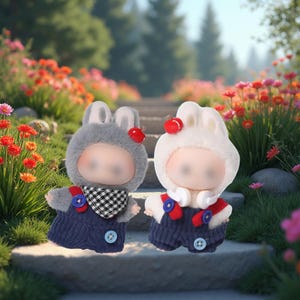 May include: Two plush dolls dressed in bunny-themed outfits. One doll wears a gray bunny hat and a navy blue jumpsuit with a black and white checkered scarf. The other doll is in a white bunny hat and a navy blue jumpsuit with red accents. Both dolls have a red apple on their hats.