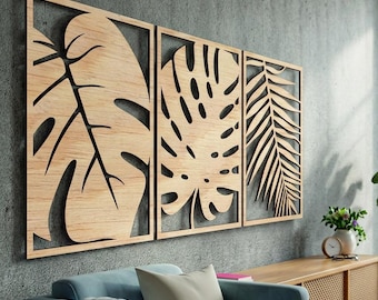 Large 3 Panel Tropical Leaf Wall Art Wooden Palm Monstera Leaves Decor Modern Design