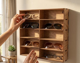 Houten zonnebrilhouder voor aan de muur, lenzenvloeistofvitrine, zonnebrilstandaard, zonnebrilhouderdoos, zonnebrilrek, lenzenvloeistofrek