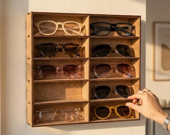 Wooden Wall Sunglasses Holder, Eyeglass Display Stand, Natural Wood Organizer