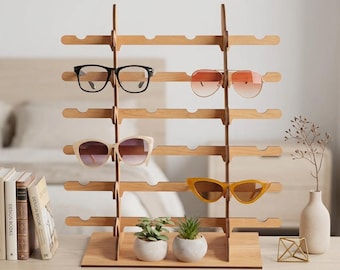 Estante de madera para gafas de sol, soporte para gafas, organizador de gafas, expositor de escritorio para el hogar o la tienda.