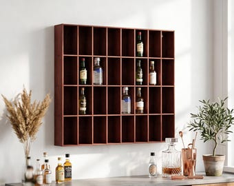 Handmade Wood Shot Glass Display Case, Wall Mounted Bar Shelf