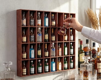 Handmade Wood Shot Glass Display Case, Wall Mounted Bar Shelf