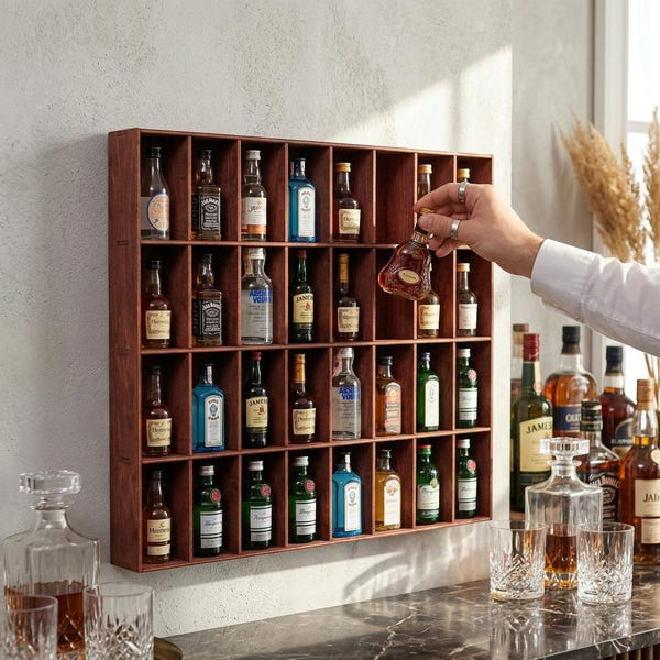 Handmade Wood Shot Glass Display Case, Wall Mounted Bar Shelf