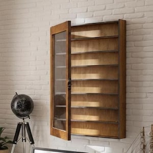 Display cabinet with doors and shelves, Wood display case, Display shelves, Display for collectibles, Display shelf case