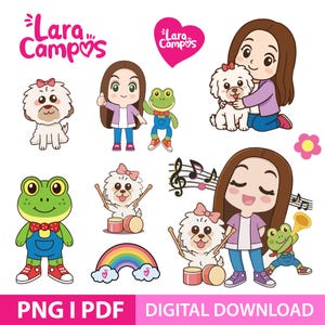 May include: Digital download featuring cartoon illustrations of a girl, a dog, and a frog. The girl is shown with the dog and frog, and the dog is playing drums. The image includes the text "Lara Campos" and "PNG I PDF DIGITAL DOWNLOAD".