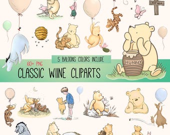Imágenes prediseñadas clásicas de Winnie the Pooh, amigos clásicos, paquete de más de 60 PNG, decoraciones para baby shower y cumpleaños