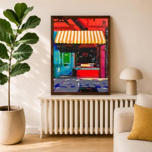 Framed large statement piece, Vibrant Facade, Urban architectural Decorative Colorful Wall Art, Ready Hang Decor Cafe Street Scene Pop Art