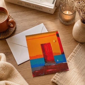 Puede incluir: Una tarjeta de felicitación rectangular con una ilustración vibrante de una puerta roja en una pared naranja brillante con una base azul cerceta. La obra muestra un suelo pavimentado en tonos marrón oscuro, con una paleta de colores audaz.