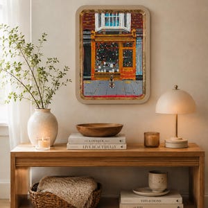 Original Art Vibrant Facade Door Dog Painting, Round Edge Frame, Vintage Acrylic Certificate Authenticity, Urban Colorful Ready Hang Decor