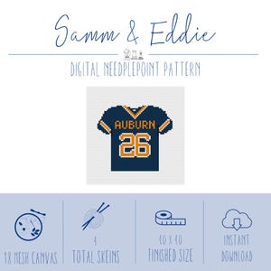 May include: A digital needlepoint pattern by Samm & Eddie featuring a navy blue jersey with orange and white trim, the text AUBURN, and the number 26. The graphic includes icons for 18 mesh canvas, 4 total skeins, a 4.0 x 4.0 inch finished size.