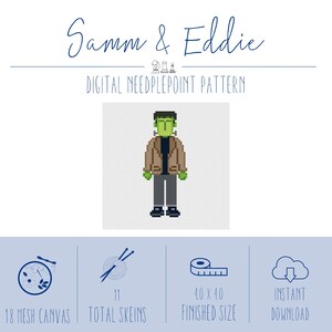 May include: A digital needlepoint pattern titled Samm & Eddie featuring a pixelated green monster character wearing a brown jacket, dark shirt, and grey trousers. The design includes 18 mesh canvas, 11 total skeins, and a 4.0 x 4.0 cm finished size.