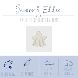 May include: A digital needlepoint pattern by Samm & Eddie featuring a pixelated ghost design on a grid. The graphic includes icons for 18 mesh canvas, 3 total skeins, a 4.0 x 4.0 inch finished size, and an instant download cloud icon.