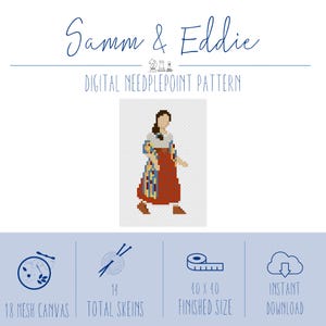 May include: A digital needlepoint pattern titled Samm & Eddie featuring a pixelated figure in a white top, red skirt, and blue patterned shawl. Includes icons for 18 mesh canvas, 14 total skeins, 4.0 x 4.0 finished size, and instant download.