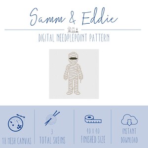 May include: A digital needlepoint pattern by Samm & Eddie featuring a pixelated mummy design. The graphic includes text indicating 18 mesh canvas, 3 total skeins, and a 4.0 x 4.0 cm finished size, alongside icons for embroidery, yarn, and instant download.