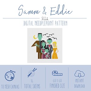 May include: A digital needlepoint pattern titled Samm & Eddie featuring a pixelated illustration of a family of five characters with green skin tones. The design includes a yellow crescent moon and black birds. It specifies 18 mesh canvas, 16 total skeins, and a 15.24 x 15.24 cm finished size.