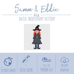 Può includere: Un modello digitale per ricamo a mezzo punto di Samm & Eddie con una strega pixelata dai capelli arancioni, cappello nero e abito scuro. La grafica include icone per tela 18 mesh, 7 matasse, una dimensione finita di 10,2 x 10,2 cm e download.