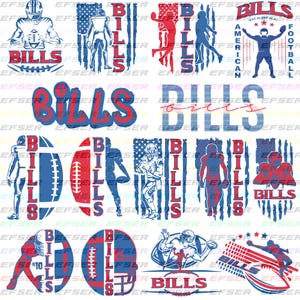 Puede incluir: Colección de gráficos temáticos de los Buffalo Bills en rojo, blanco y azul. Los diseños incluyen jugadores de fútbol americano, la palabra "BILLS" y la bandera estadounidense. Se utilizan varios estilos.