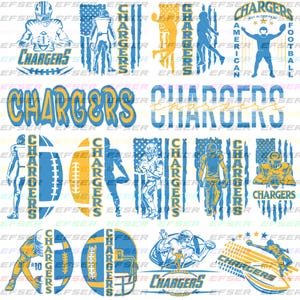 May include: A collection of blue and yellow Chargers-themed graphics. Designs include football players, footballs, and text that reads "Chargers" and "American Football". The graphics are in various styles, including silhouettes and distressed flag backgrounds.