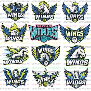 May include: A collection of twelve Dallas Wings sports logos featuring various designs of winged horses, basketballs, and shields in a color palette of blue, neon green, and white, with the text Dallas Wings prominently displayed on each emblem.
