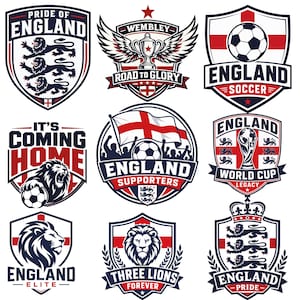 Könnte beinhalten: Eine Sammlung von neun verschiedenen kreisförmigen und schildförmigen Emblemen mit englischen Fußballmotiven. Die Designs zeigen Löwen, Fußbälle, die St. George's Cross Flagge und Texte wie Pride of England, It's Coming Home und World Cup Legacy.