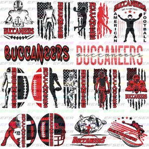 Puede incluir: Una colección de gráficos temáticos de los Buccaneers. Los diseños incluyen jugadores de fútbol americano, balones y el nombre del equipo en rojo y negro. Algunos diseños incorporan la bandera estadounidense.