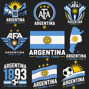 Puede incluir: Una colección de nueve diseños gráficos de la selección nacional de fútbol de Argentina, que incluye la bandera nacional, el escudo de la AFA, siluetas de jugadores, un mapa de Argentina, balones de fútbol y el texto Argentina National Team y 1893.