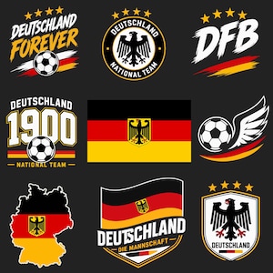 May include: A collection of nine German soccer-themed graphic designs featuring the national flag colors of black, red, and gold. Elements include the German eagle emblem, soccer balls, the text Deutschland, DFB, and 1900, plus star icons.