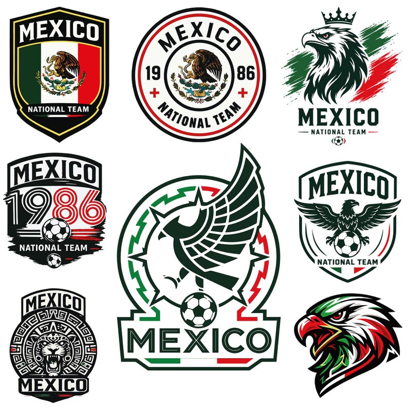 Puede incluir: Una colecci&oacute;n de nueve logotipos gr&aacute;ficos distintos con el texto Mexico National Team, que incorporan im&aacute;genes de &aacute;guilas, balones de f&uacute;tbol y los colores verde, blanco y rojo. Los dise&ntilde;os incluyen formas de escudo, emblemas circulares y cabezas de animales estilizadas.
