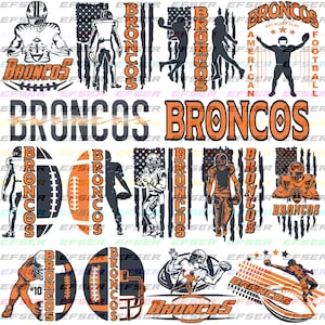 Puede incluir: Una colección de gráficos en naranja y blanco con el tema del fútbol americano de los Broncos. Los diseños incluyen jugadores de fútbol, cascos y la palabra "Broncos" en varios estilos. Algunos diseños incorporan la bandera estadounidense.