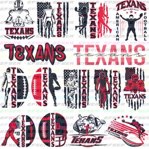 May include: A collection of red, black, and white graphics featuring the word "Texans" and football-related imagery. Designs include football players, footballs, and American flag elements, suitable for sports-themed merchandise.