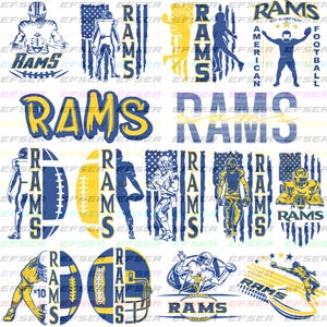 May include: A collection of blue and yellow Rams football-themed graphics. Designs include the word "RAMS", football players, and footballs. Some designs incorporate the American flag. Ideal for sports fans.