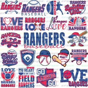 May include: A collection of baseball-themed designs in red, white, and blue. The designs include the word "Rangers" in various fonts, baseballs, bats, and phrases like "Love Rangers" and "Go Rangers".
