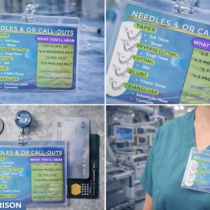 Puede incluir: Un portatarjetas de plástico transparente con una inserción azul y verde, etiquetada como "NEEDLES & OR CALL-OUTS". La inserción enumera los tipos de agujas quirúrgicas y qué esperar durante los procedimientos. La tarjeta está unida a un carrete retráctil.