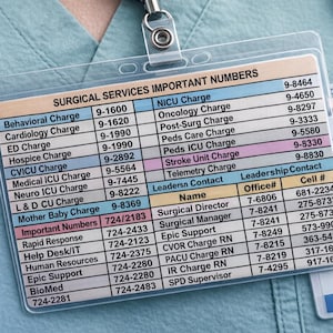 Puede incluir: Un portatarjetas de plástico transparente que contiene una tarjeta de referencia titulada SURGICAL SERVICES IMPORTANT NUMBERS con una tabla multicolor de departamentos hospitalarios y extensiones, junto a una identificación de Emma Davis RN.