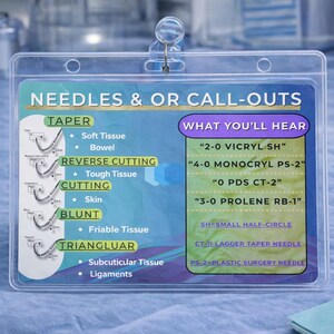 May include: A clear plastic card holder with a medical reference guide. The guide features text on needle types and call-outs, including "TAPER," "REVERSE CUTTING," and "CUTTING." The background includes medical equipment like a stethoscope and syringes.
