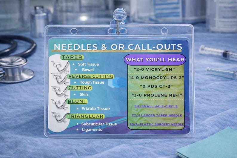 May include: A clear plastic card holder with a medical reference guide. The guide features text on needle types and call-outs, including "TAPER," "REVERSE CUTTING," and "CUTTING." The background includes medical equipment like a stethoscope and syringes.
