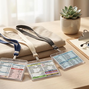 Op de afbeelding: Drie horizontale badgehouders met lanyards in marineblauw, crème en zwart. Elke doorzichtige plastic houder bevat een geprinte medische referentiekaart met kolommen tekst, numerieke gegevens en kleurgecodeerde secties voor klinische informatie.